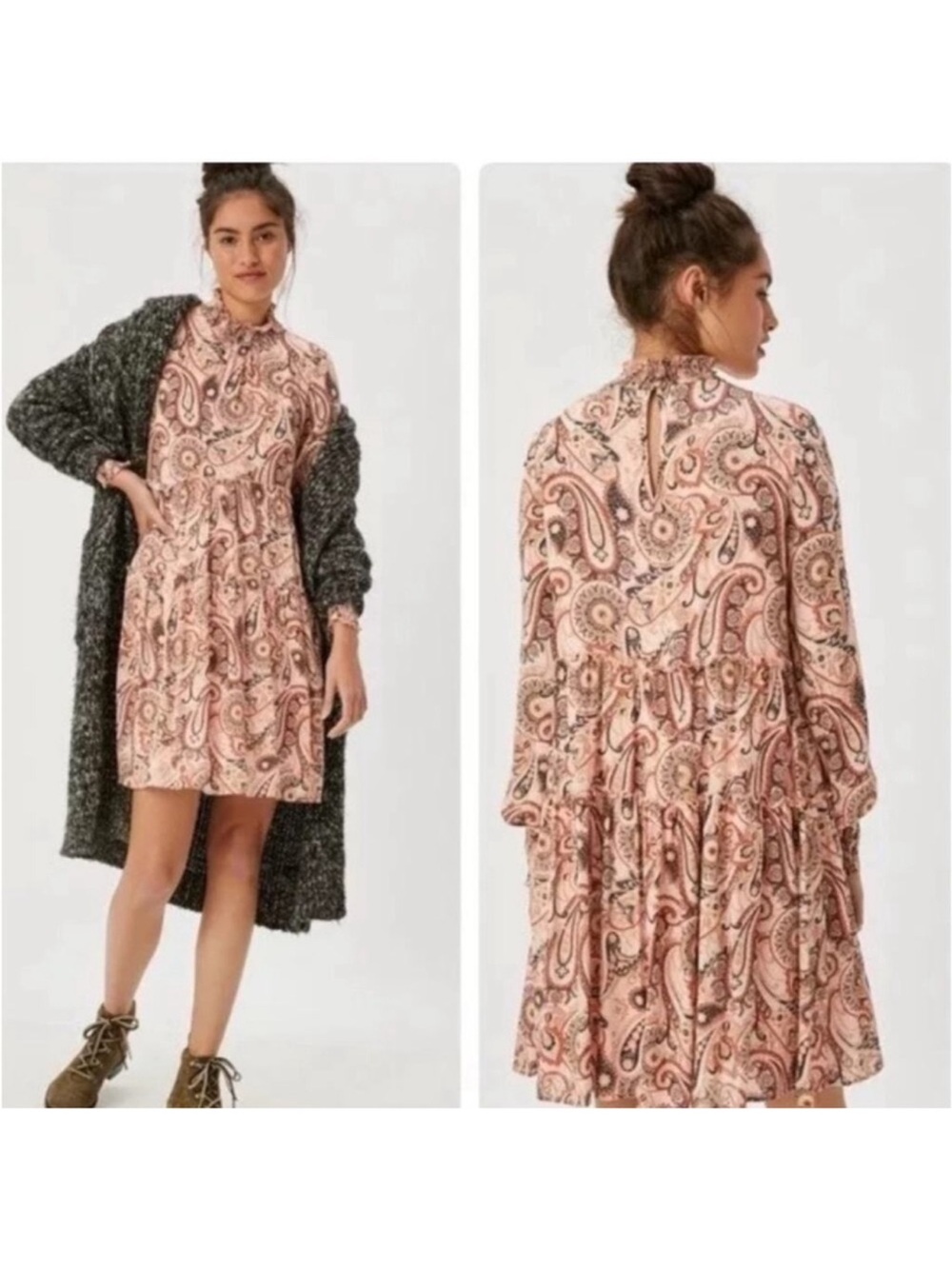 Anthropologie Cady Paisley Print Pink Long Sleeve Tiered Mini Dress Size Small
